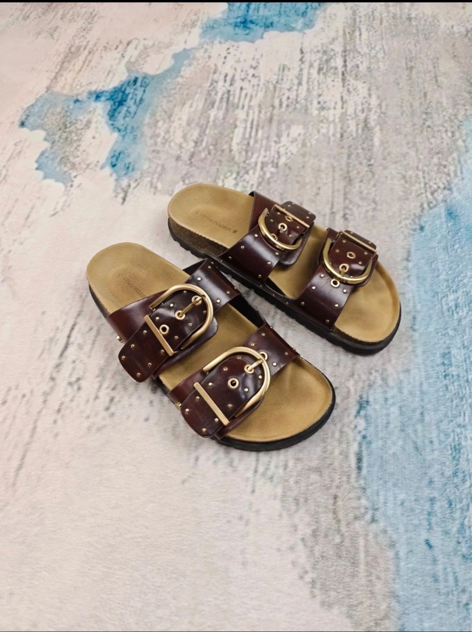 Stradivarius Western Buckle Slide Sandals Brown Gold Studded Double Strap Boho Chic Size 36 – photo 4